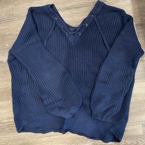 Blue Sweater with Lace-Up Detail